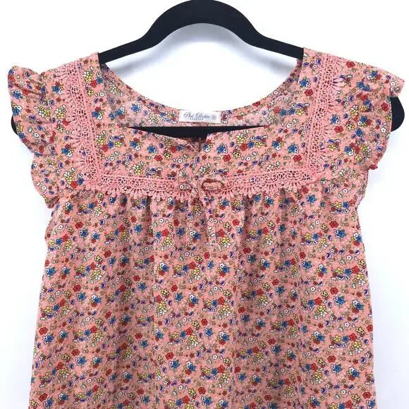 Womens Cottage Micro Floral Babydoll Tee Flutter Sleeve Lace Bow Keyhole Back S - Picture 2 of 11